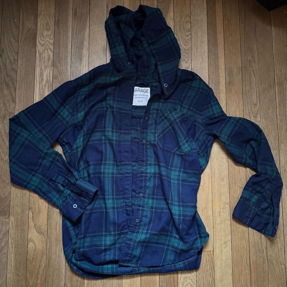 Garage Blue and green plaid hooded flannel shirt size M